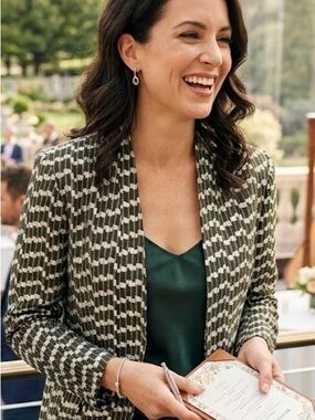 Evan Picone Olive & White Geometric Open Blazer